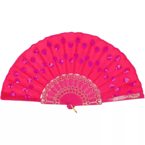 Amajiji Womans Folding FansHandmade Embroidered Flower Peacock Pattern Sequin Fabric Folding Fans Rose Red