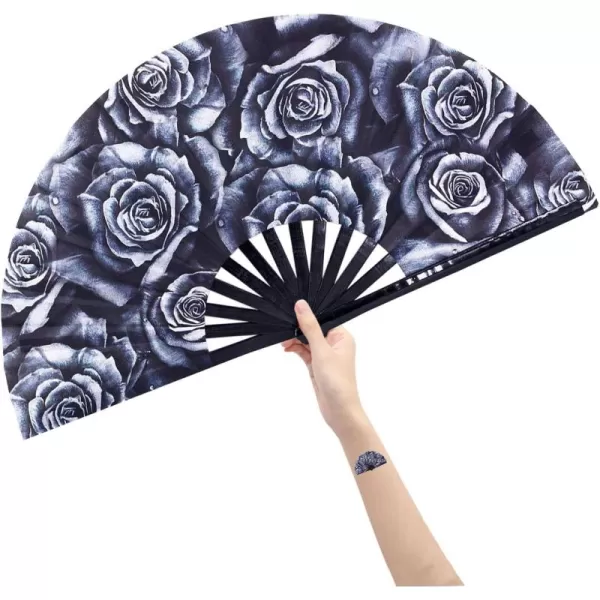 Amajiji Large Hand Folding Fans 13 Inch Bamboo Rave Festival Folding Fan for Women and Men Loud Clack Fan for Decoration Festival Gift Performance Party Dance RoseRose