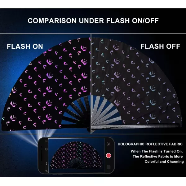 Amajiji UV Glow Large Rave Folding Hand Fan Clack Fan for Festivals and Performances  Lightweight and Durable Bamboo Frame Bungee lightBungee Light