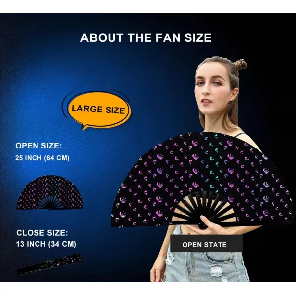 Amajiji UV Glow Large Rave Folding Hand Fan Clack Fan for Festivals and Performances  Lightweight and Durable Bamboo Frame Bungee lightBungee Light