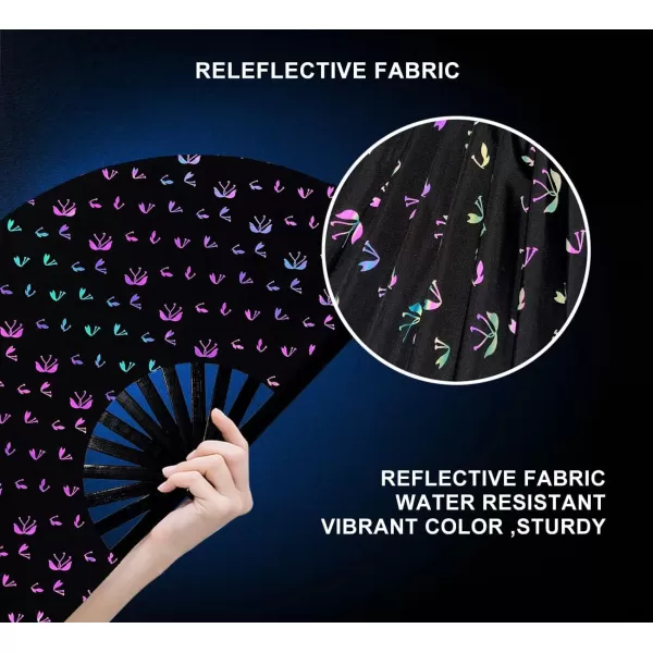 Amajiji UV Glow Large Rave Folding Hand Fan Clack Fan for Festivals and Performances  Lightweight and Durable Bamboo Frame Bungee lightBungee Light