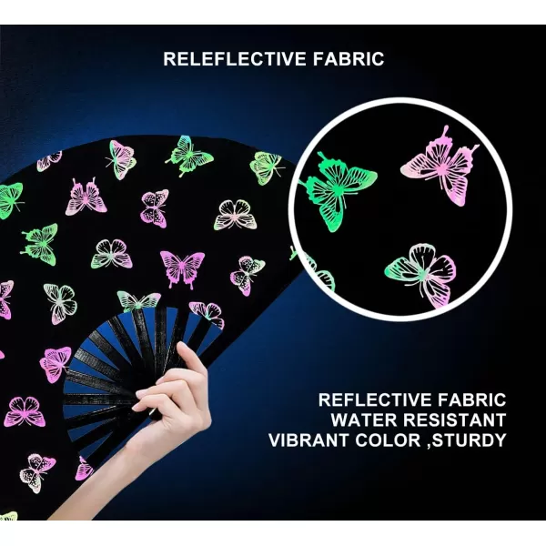 Amajiji UV Glow Large Rave Folding Hand Fan Clack Fan for Festivals and Performances  Lightweight and Durable Bamboo Frame Bungee lightColorful Butterfly