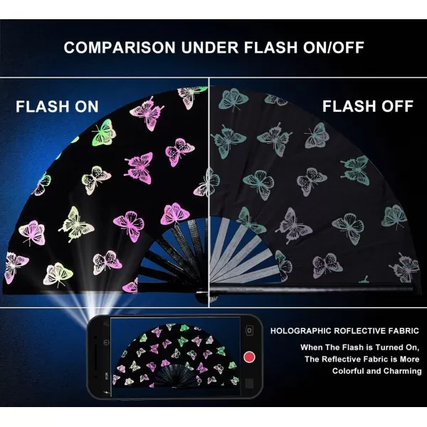 Amajiji UV Glow Large Rave Folding Hand Fan Clack Fan for Festivals and Performances  Lightweight and Durable Bamboo Frame Bungee lightColorful Butterfly