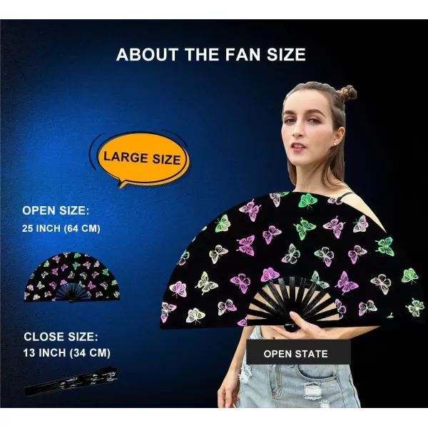 Amajiji UV Glow Large Rave Folding Hand Fan Clack Fan for Festivals and Performances  Lightweight and Durable Bamboo Frame Bungee lightColorful Butterfly