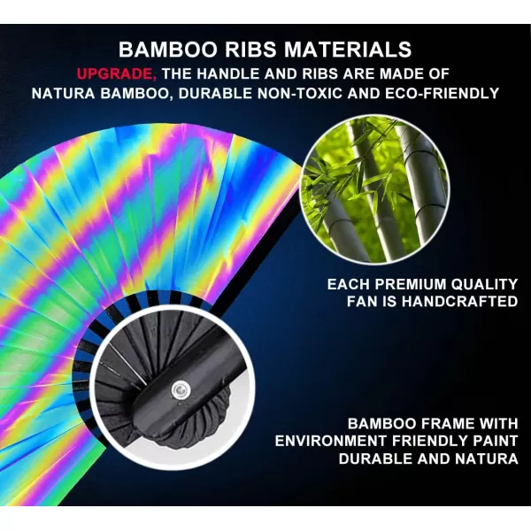 Amajiji UV Glow Large Rave Folding Hand Fan Clack Fan for Festivals and Performances  Lightweight and Durable Bamboo Frame Bungee lightRainbow