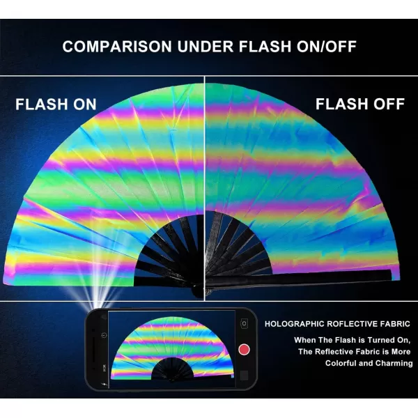 Amajiji UV Glow Large Rave Folding Hand Fan Clack Fan for Festivals and Performances  Lightweight and Durable Bamboo Frame Bungee lightRainbow