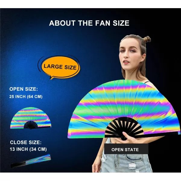 Amajiji UV Glow Large Rave Folding Hand Fan Clack Fan for Festivals and Performances  Lightweight and Durable Bamboo Frame Bungee lightRainbow