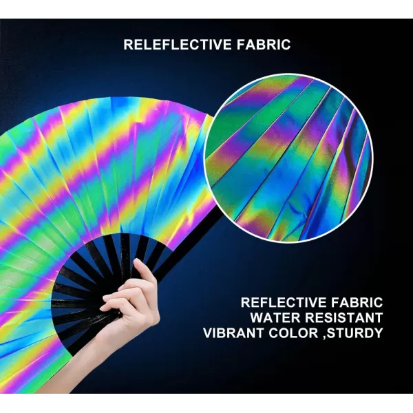 Amajiji UV Glow Large Rave Folding Hand Fan Clack Fan for Festivals and Performances  Lightweight and Durable Bamboo Frame Bungee lightRainbow