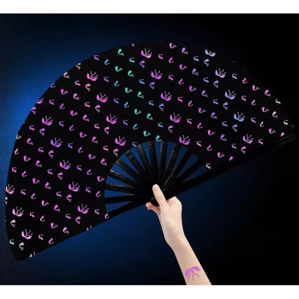 Amajiji UV Glow Large Rave Folding Hand Fan Clack Fan for Festivals and Performances  Lightweight and Durable Bamboo Frame Bungee lightBungee Light