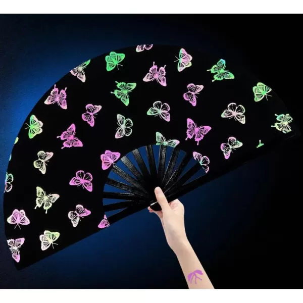 Amajiji UV Glow Large Rave Folding Hand Fan Clack Fan for Festivals and Performances  Lightweight and Durable Bamboo Frame Bungee lightColorful Butterfly
