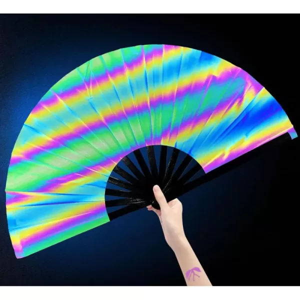 Amajiji UV Glow Large Rave Folding Hand Fan Clack Fan for Festivals and Performances  Lightweight and Durable Bamboo Frame Bungee lightRainbow