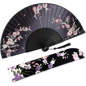 imageAmajiji 827quot21cm Hand Held Bamboo Silk Folding Fan Hand FanChineseJapanese Charming Elegant Vintage Retro StyleWomen Ladys Girls Best Gifts Black ButterflyBlack Redbud
