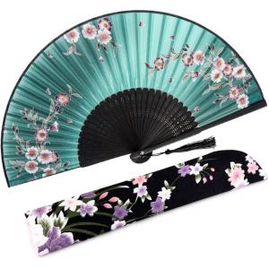 imageAmajiji 827quot21cm Hand Held Bamboo Silk Folding Fan Hand FanChineseJapanese Charming Elegant Vintage Retro StyleWomen Ladys Girls Best Gifts Black ButterflyGreen Redbud