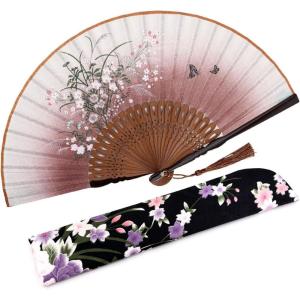 imageAmajiji 827quot21cm Hand Held Bamboo Silk Folding Fan Hand FanChineseJapanese Charming Elegant Vintage Retro StyleWomen Ladys Girls Best Gifts Black ButterflyBrown Grassflower
