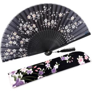 imageAmajiji 827quot21cm Hand Held Bamboo Silk Folding Fan Hand FanChineseJapanese Charming Elegant Vintage Retro StyleWomen Ladys Girls Best Gifts Black ButterflyBlack Little Sakura