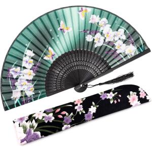 imageAmajiji 827quot21cm Hand Held Bamboo Silk Folding Fan Hand FanChineseJapanese Charming Elegant Vintage Retro StyleWomen Ladys Girls Best Gifts Black ButterflyGreen Orchid