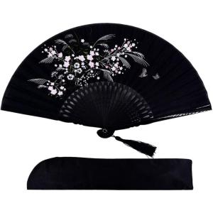 imageAmajiji 827quot21cm Hand Held Bamboo Silk Folding Fan Hand FanChineseJapanese Charming Elegant Vintage Retro StyleWomen Ladys Girls Best Gifts Black ButterflyBlack1