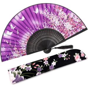 imageAmajiji 827quot21cm Hand Held Bamboo Silk Folding Fan Hand FanChineseJapanese Charming Elegant Vintage Retro StyleWomen Ladys Girls Best Gifts Black ButterflyPurple Butterfly