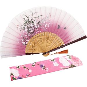 imageAmajiji 827quot21cm Hand Held Bamboo Silk Folding Fan Hand FanChineseJapanese Charming Elegant Vintage Retro StyleWomen Ladys Girls Best Gifts Black ButterflyPink Grassflower
