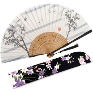 imageAmajiji 827quot21cm Hand Held Bamboo Silk Folding Fan Hand FanChineseJapanese Charming Elegant Vintage Retro StyleWomen Ladys Girls Best Gifts Black ButterflyWhite Bamboo Forest