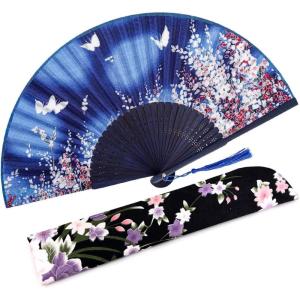 imageAmajiji 827quot21cm Hand Held Bamboo Silk Folding Fan Hand FanChineseJapanese Charming Elegant Vintage Retro StyleWomen Ladys Girls Best Gifts Black ButterflyBlue Butterfly