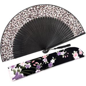 imageAmajiji 827quot21cm Hand Held Bamboo Silk Folding Fan Hand FanChineseJapanese Charming Elegant Vintage Retro StyleWomen Ladys Girls Best Gifts Black ButterflySexy Black  Leopard Print