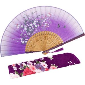 imageAmajiji 827quot21cm Hand Held Bamboo Silk Folding Fan Hand FanChineseJapanese Charming Elegant Vintage Retro StyleWomen Ladys Girls Best Gifts Black ButterflyPurple Grassflower