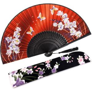 imageAmajiji 827quot21cm Hand Held Bamboo Silk Folding Fan Hand FanChineseJapanese Charming Elegant Vintage Retro StyleWomen Ladys Girls Best Gifts Black ButterflyRed Orchid