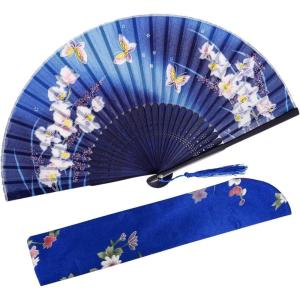 imageAmajiji 827quot21cm Hand Held Bamboo Silk Folding Fan Hand FanChineseJapanese Charming Elegant Vintage Retro StyleWomen Ladys Girls Best Gifts Black ButterflyBlue Orchid
