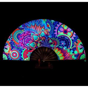 imageAmajiji UV Glow Rave Folding Hand Fan for FestivalsDragQueenBurlesque Large Clack Festival Hand Fan Rave Accessories for WomenWomenMen Starry SkyFantasy Flowers