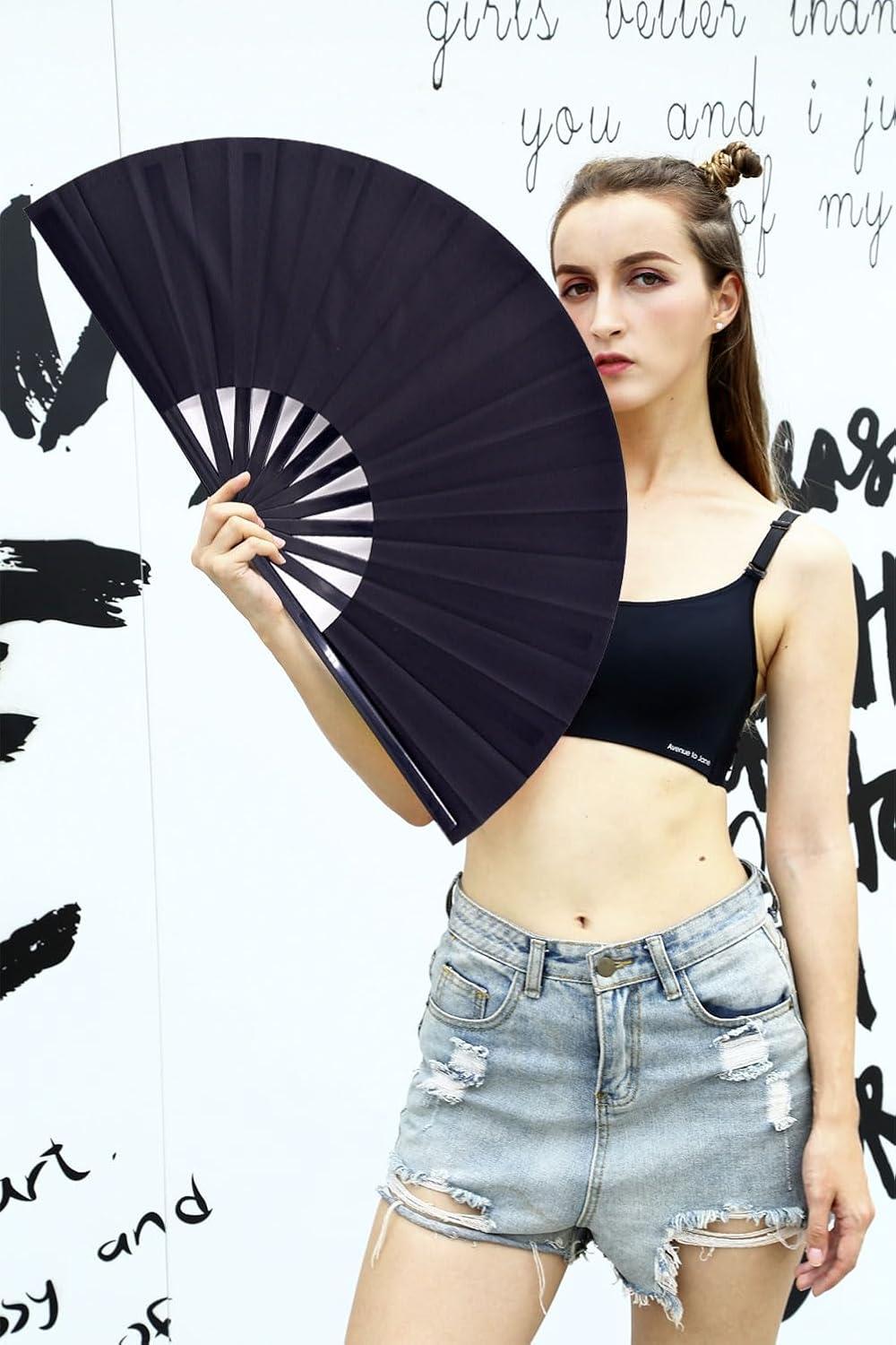 imageAmajiji Rave Fan Large Clack Folding Hand Fan Line Dance Popping Fan Big Handheld Clap Fans for Line Dancing EDM Music Festival Club Event Party Performance 2 Pcs BlackBlack