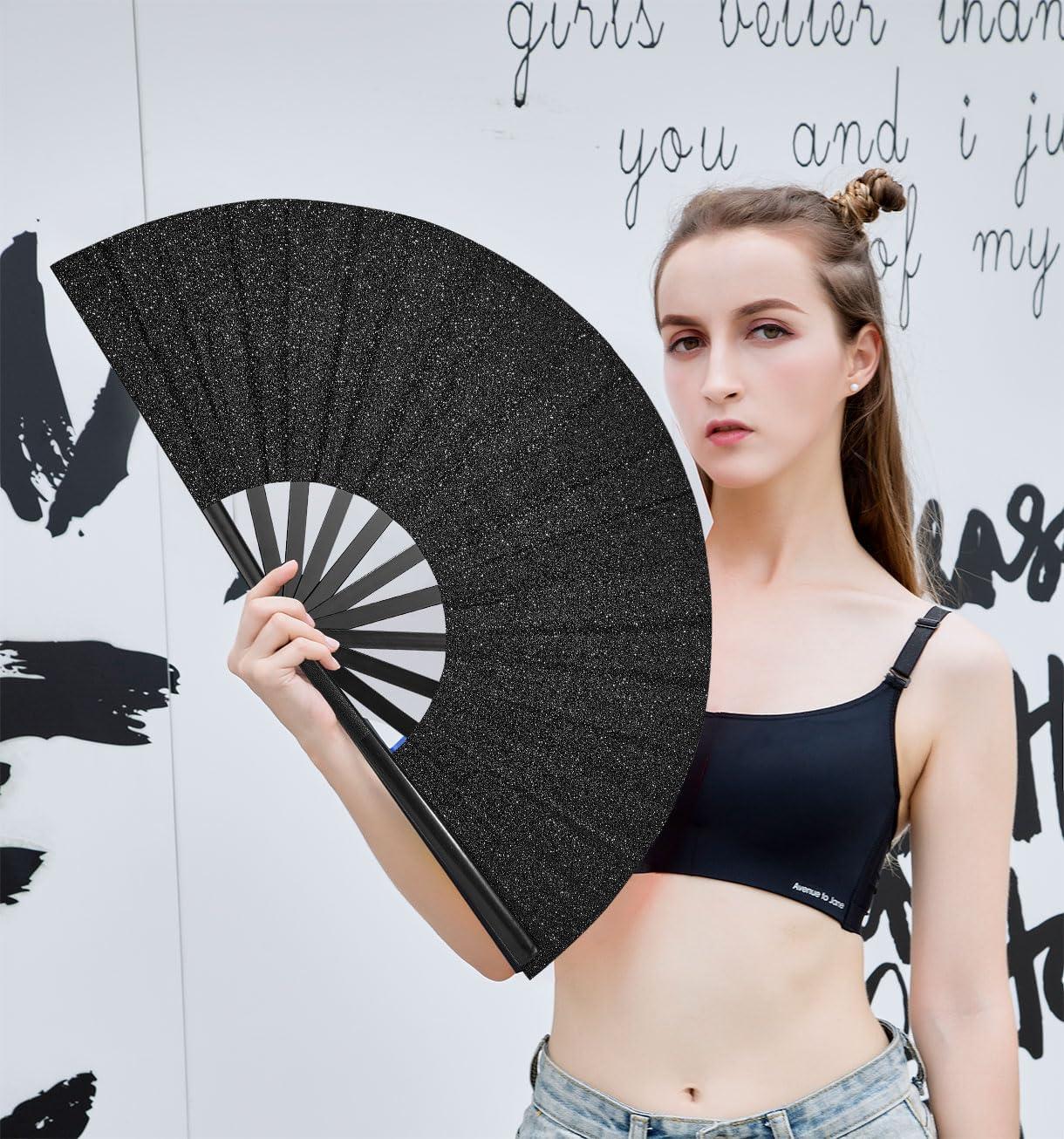 imageAmajiji Rave Fans Large Folding Hand Fan Line Dance Popping Fan Big Clap Fans Festival Fans Foldable for Line Dancing EDM Music Festival Party BlackBlack