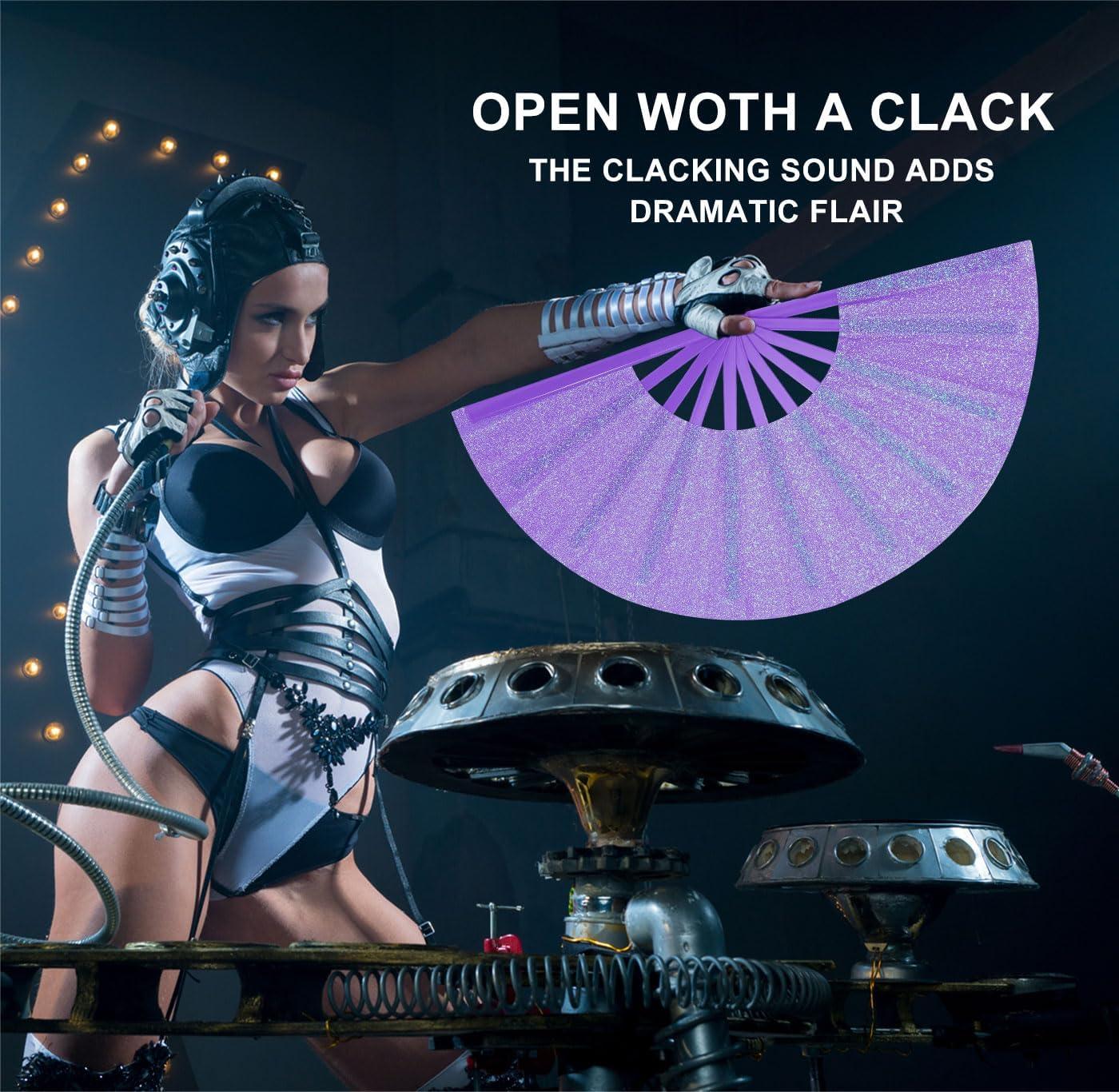 imageAmajiji Rave Fans Large Folding Hand Fan Line Dance Popping Fan Big Clap Fans Festival Fans Foldable for Line Dancing EDM Music Festival Party BlackPurple