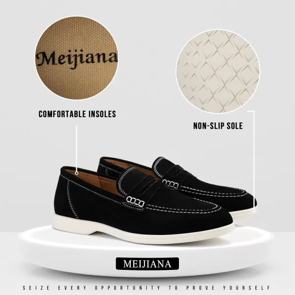 Meijiana Mens Genuine Leather Loafers SlipOn Moccasins Suede Dress Shoes Lightweight and Breathable with Rubber Sole Stylish Mens LoafersBlack