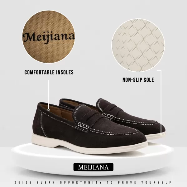 Meijiana Mens Genuine Leather Loafers SlipOn Moccasins Suede Dress Shoes Lightweight and Breathable with Rubber Sole Stylish Mens LoafersBrown