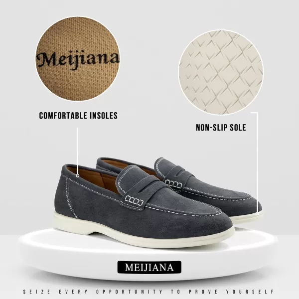 Meijiana Mens Genuine Leather Loafers SlipOn Moccasins Suede Dress Shoes Lightweight and Breathable with Rubber Sole Stylish Mens LoafersGrey