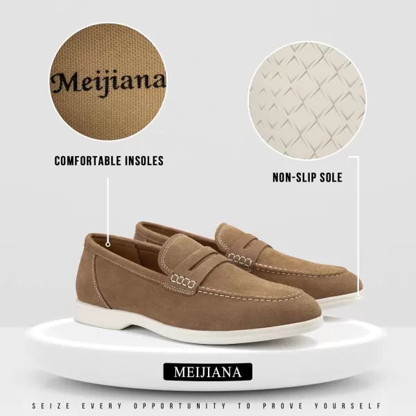 Meijiana Mens Genuine Leather Loafers SlipOn Moccasins Suede Dress Shoes Lightweight and Breathable with Rubber Sole Stylish Mens LoafersTan