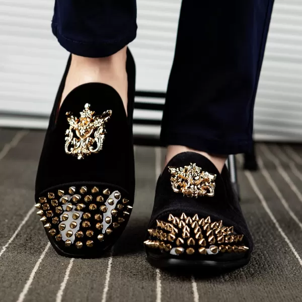 Meijiana Mens Velvet Loafers Dress Shoes with Metal Embellishments Party Luxury Loafer ShoesBlack01