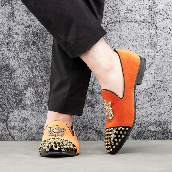 Meijiana Mens Velvet Loafers Dress Shoes with Metal Embellishments Party Luxury Loafer ShoesOrange12