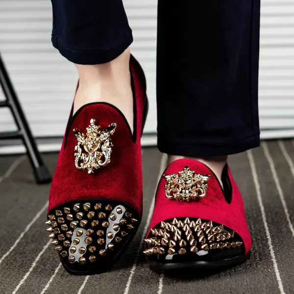 Meijiana Mens Velvet Loafers Dress Shoes with Metal Embellishments Party Luxury Loafer ShoesRed02