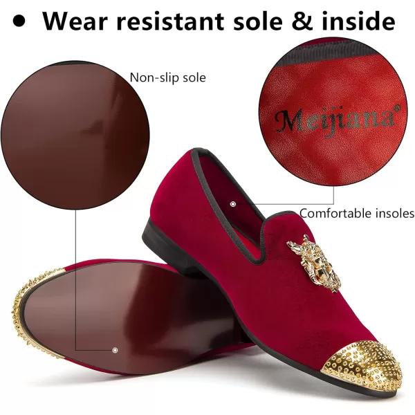 Meijiana Mens Velvet Loafers Dress Shoes with Metal Embellishments Party Luxury Loafer ShoesRed05