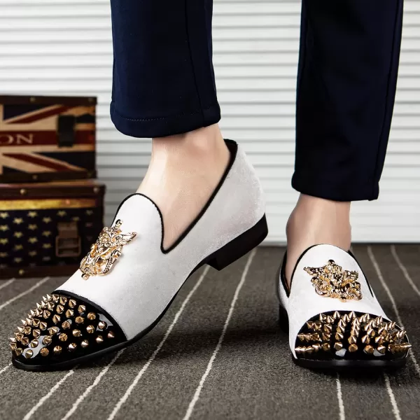 Meijiana Mens Velvet Loafers Dress Shoes with Metal Embellishments Party Luxury Loafer ShoesWhite03