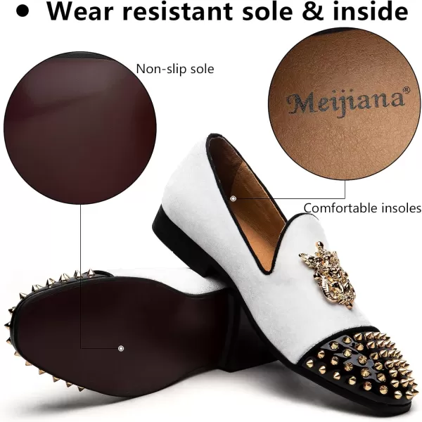 Meijiana Mens Velvet Loafers Dress Shoes with Metal Embellishments Party Luxury Loafer ShoesWhite03