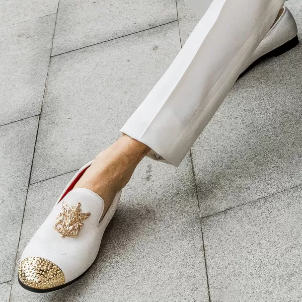 Meijiana Mens Velvet Loafers Dress Shoes with Metal Embellishments Party Luxury Loafer ShoesWhite06