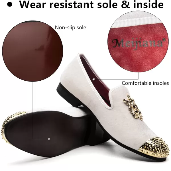 Meijiana Mens Velvet Loafers Dress Shoes with Metal Embellishments Party Luxury Loafer ShoesWhite06