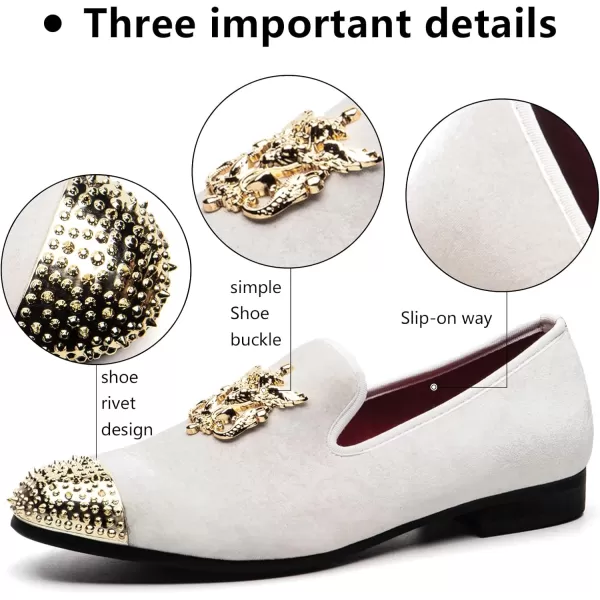 Meijiana Mens Velvet Loafers Dress Shoes with Metal Embellishments Party Luxury Loafer ShoesWhite06