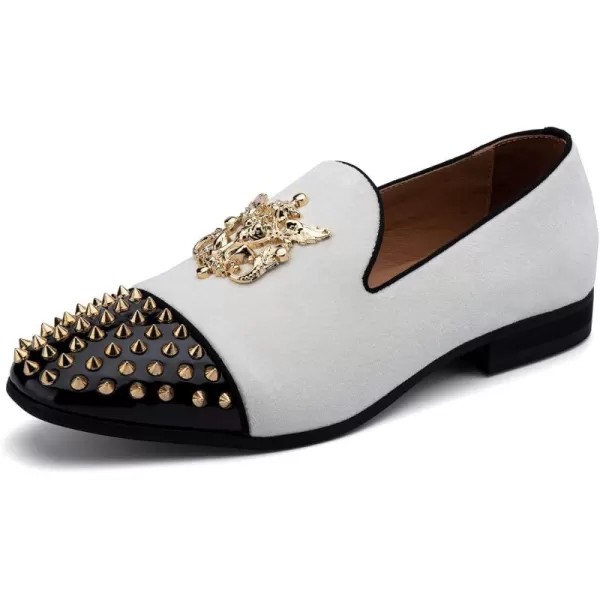 Meijiana Mens Velvet Loafers Dress Shoes with Metal Embellishments Party Luxury Loafer ShoesWhite03