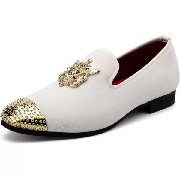 Meijiana Mens Velvet Loafers Dress Shoes with Metal Embellishments Party Luxury Loafer ShoesWhite06