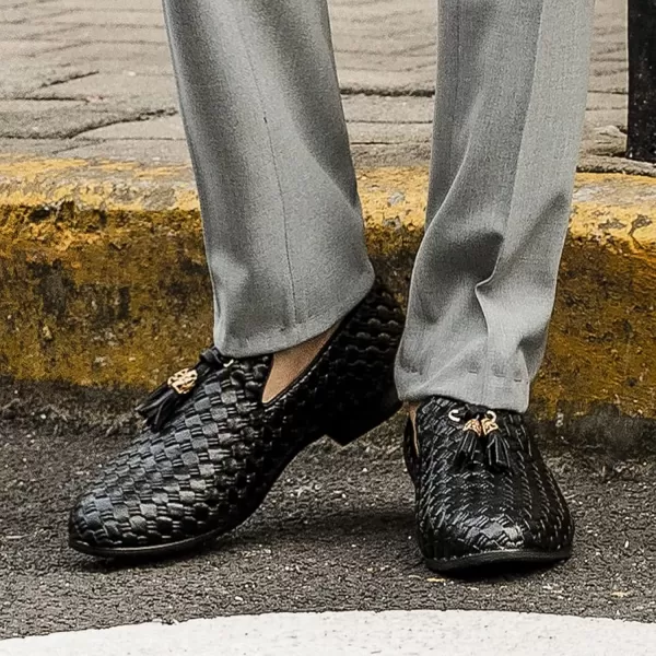 Meijiana Men Faux Leather Noble Loafer Shoes Slipon Loafer Smoking Slipper Tassel LoaferBlack03