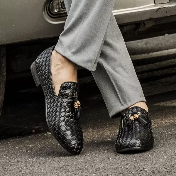 Meijiana Men Faux Leather Noble Loafer Shoes Slipon Loafer Smoking Slipper Tassel LoaferBlack03